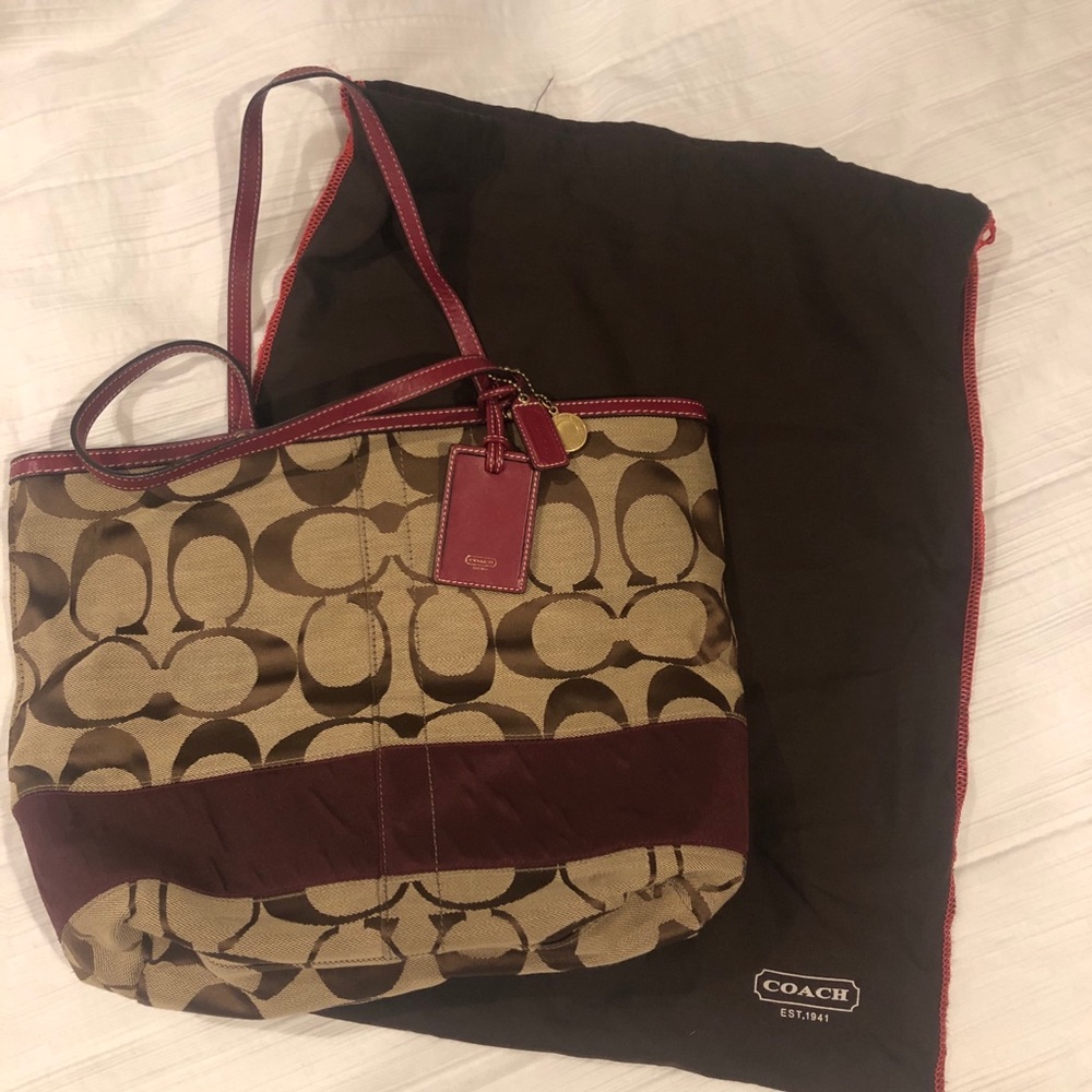 Coach Monogram Reversible Tote Bag In Tan And Red